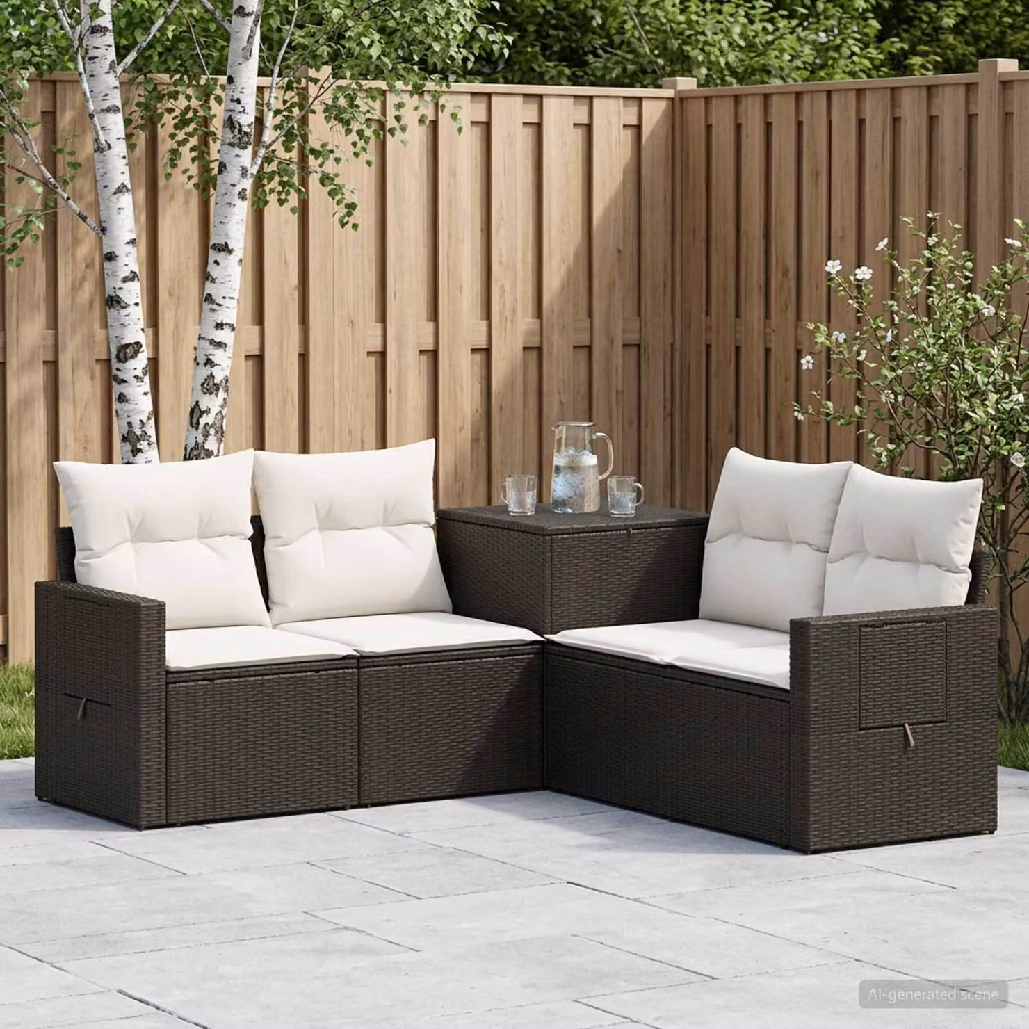Set di divani da giardino vidaXL in polyrattan nero e bianco con cuscini inclusi e design moderno a L