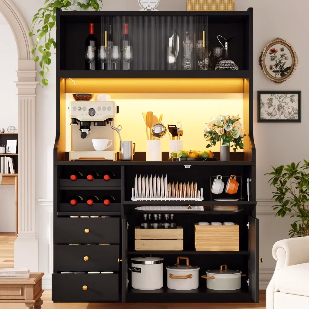 Mobile colonna da cucina Mivray nero con ante scorrevoli in vetro, illuminazione integrata, portabottiglie e cassetti L/P/H: 120 x 40 x 180 cm – 2