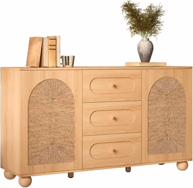 Sideboard 2 ante e 3 cassetti, porte in intreccio di corda, pannello truciolare+MDF, piedi sferici in legno di pino, mobile contenitore per ingresso, soggiorno e sala da pranzo