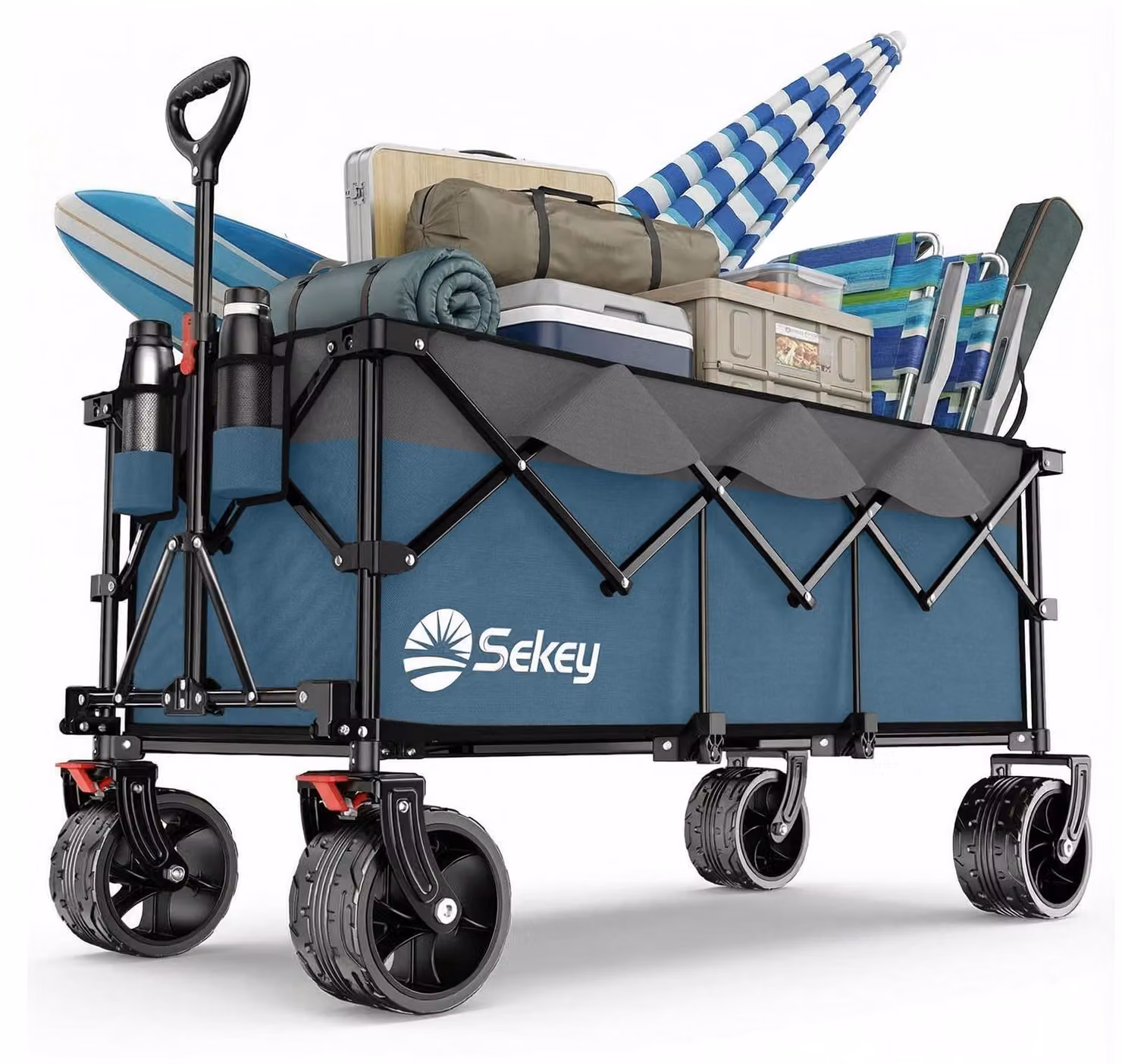 Sekey Carrello pieghevole XXXL, capacità 300L, portata 200KG, con ruote extra larghe (17x10 cm) adatte a tutti i terreni, carrello manuale, sistema di montaggio rapido a 4 vie brevettato, carrello di trasporto, colore blu con dettagli grigi