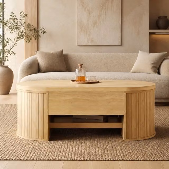 Tavolino da salotto regolabile in altezza con lati in legno curvato e ripiano estraibile, 110x55,5x40 cm, colore legno