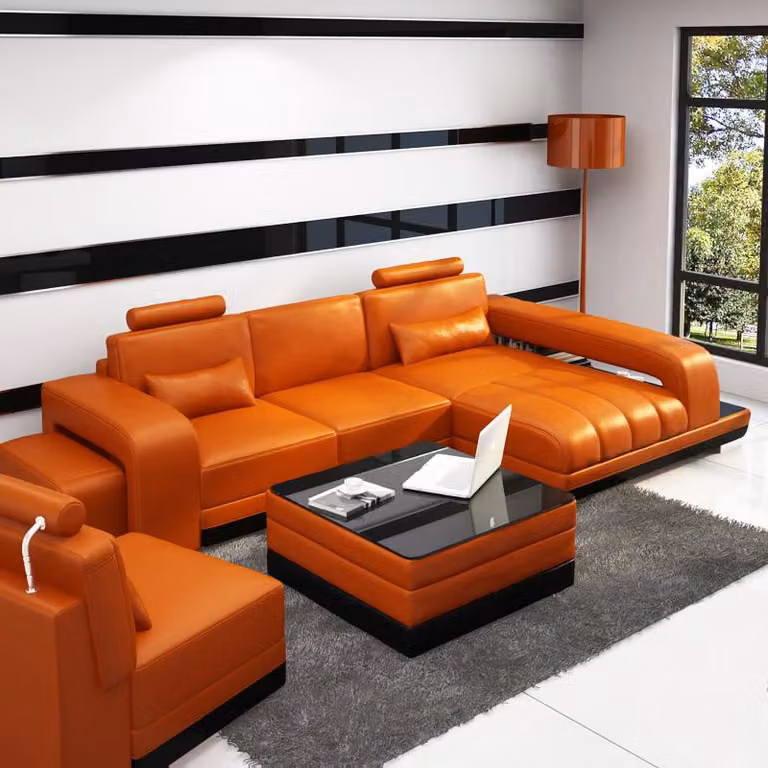 Ledersofa Couch Wohnlandschaft Ecksofa Eck Garnitur Design Sofa USB Orange
