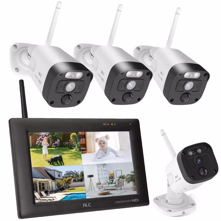 Set di telecamere di sorveglianza per esterni SecuFirst 2K con monitor, sorveglianza con telecamere 4X senza WLAN + schermo NVR wireless touchscreen da 7 pollici, interfono o wireless