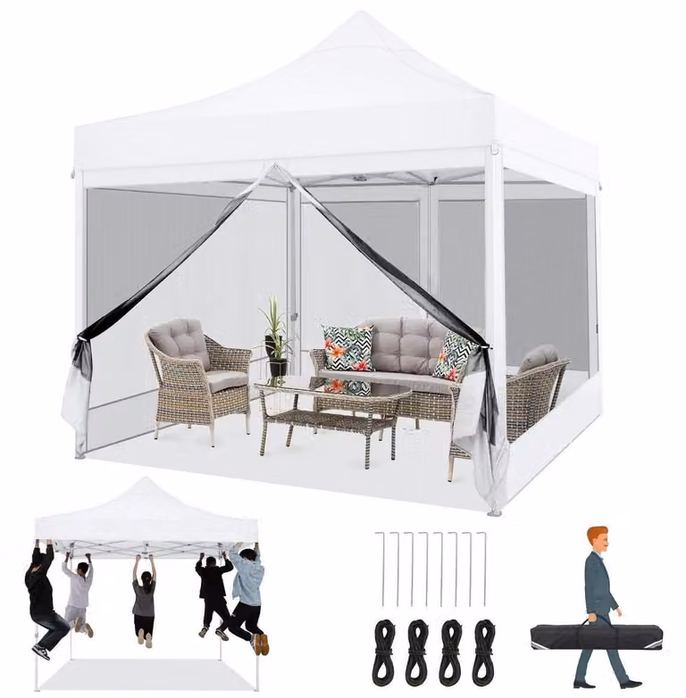 Gazebo da giardino pieghevole 3x3 metri, impermeabile, stabile, con 4 pareti laterali, zanzariera, anti-UV, tessuto Oxford 420D, colore bianco