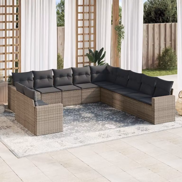 vidaXL Set Divani da Giardino 11 pz in Polyrattan Grigio con Cuscini Imbottiti e Rivestimenti Rimovibili