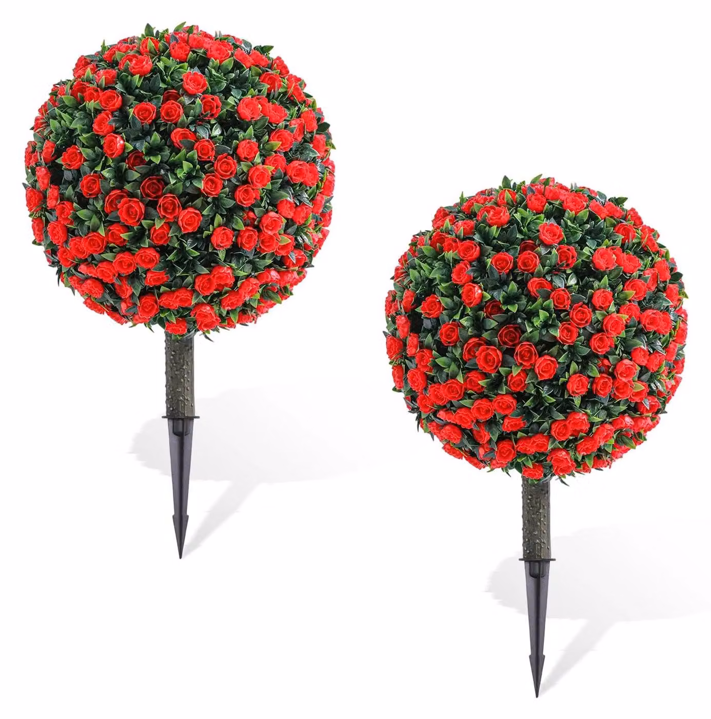 Alberi topiari artificiali a forma di palla con fiori - Set da 2 pezzi, 55 cm - Resistenti ai raggi UV - Picchetto da terra - PE - Per interni ed esterni - Rosso