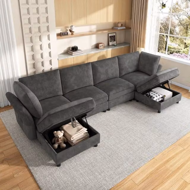 Divano angolare modulare 289x137x84 cm con 2 pouf contenitore in ciniglia grigio