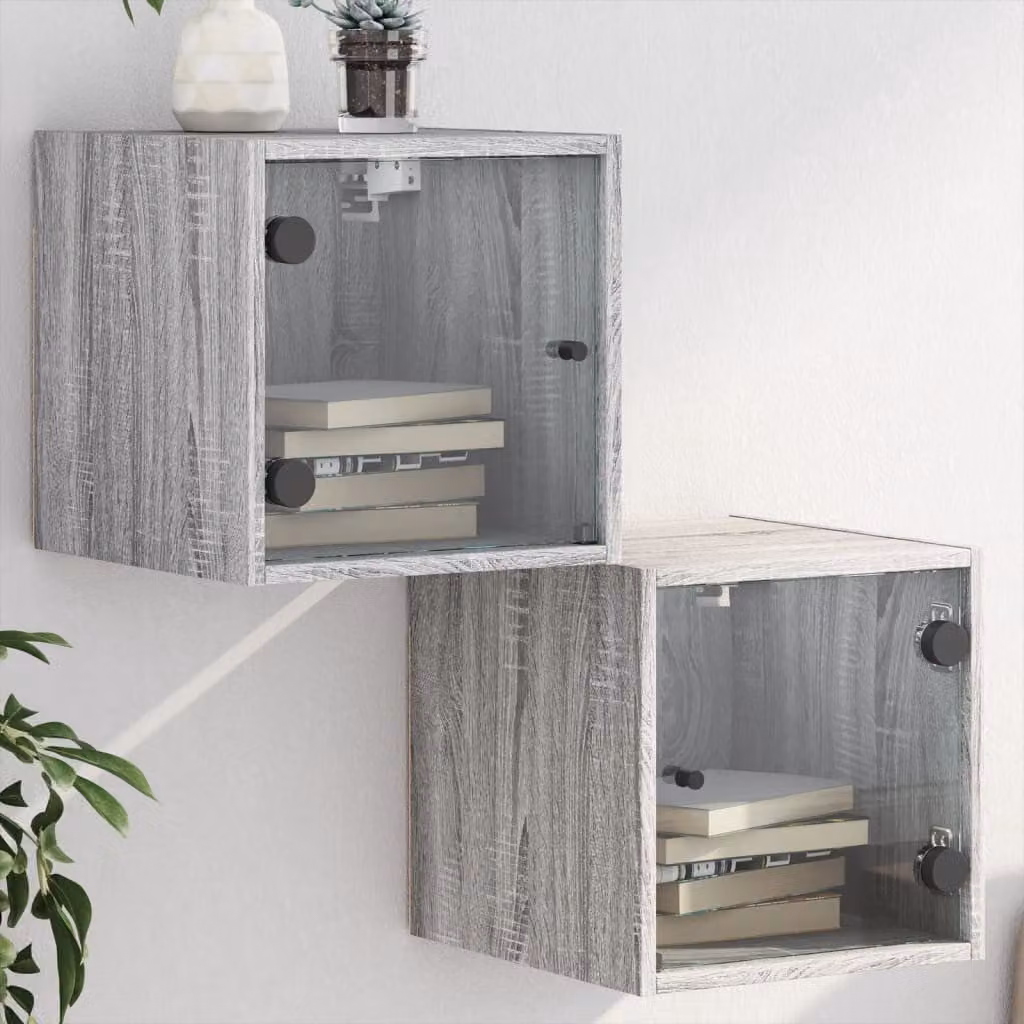 Set di 2 comodini vidaXL con ante in vetro, colore grigio Sonoma, L 35 x P 37 x H 35 cm