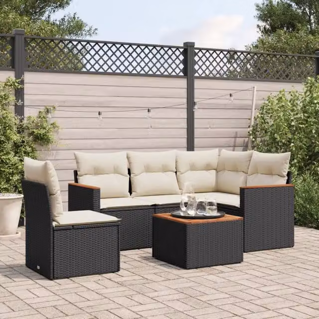 Set Divano da Giardino 6 pz con Cuscini-Sofa da Giardino-Divanetto da esterno Nero in Polyrattan 844322