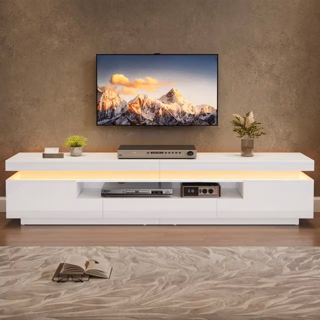 Mobile TV Mivray per soggiorno moderno con illuminazione LED integrata, finitura bianca lucida, 2 armadietti, cassetto e vano semiaperto, L/P/H: 175 x 38 x 45 cm