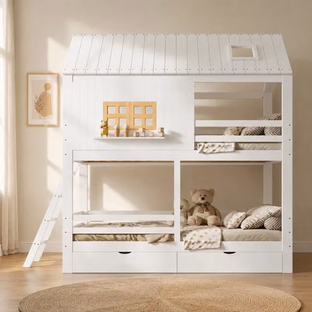 Letto a castello ULEVR 90x200 cm con tetto, finestre, scala e 2 cassetti, bianco e naturale