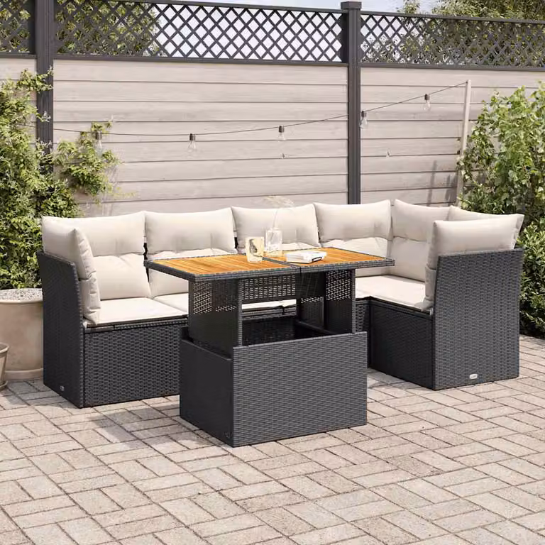Set Divano da Giardino vidaXL 6 pz in Polyrattan Nero con Cuscini e Tavolino da Caffè a Forma di L