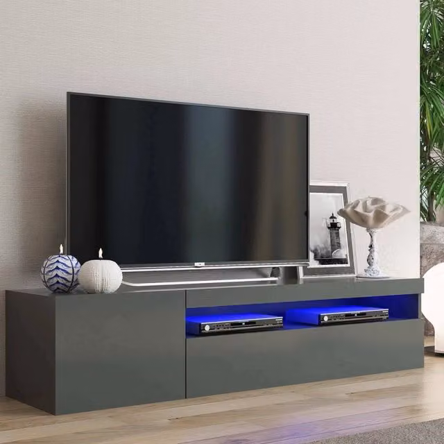 Credenza da soggiorno DMORA Porta Acrilya in antracite lucido con luce LED blu L: 150 cm, P: 40 cm, H: 37 cm