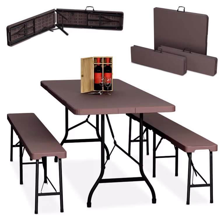 Set da giardino pieghevole Relaxdays, set da 3 pezzi con panca da birreria e tavolo grande, per giardino, set da tendone, 180 cm, marrone