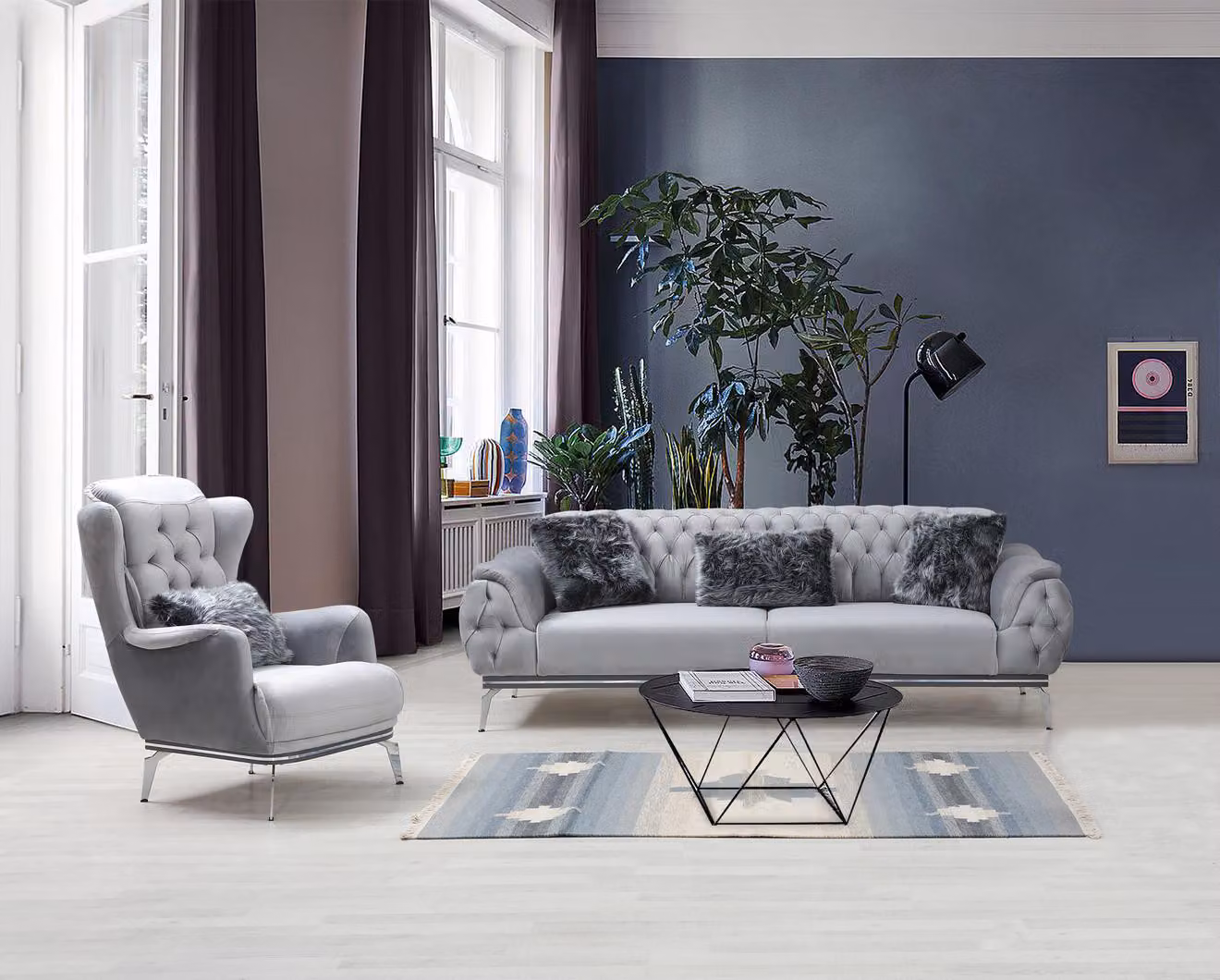 Wohnzimmer-Set 2tlg. Sofa mit Sessel Chesterfield Design Modern Textil