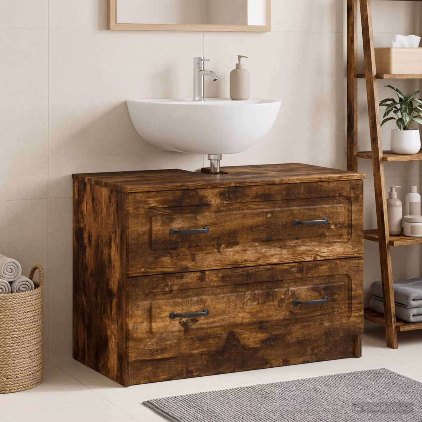 Armadio per lavabo da bagno vidaXL UTRECHT in Rovere Fumo, moderno, con ante a battente e ripiani interni, L 82 cm x P 41 cm x H 56 cm