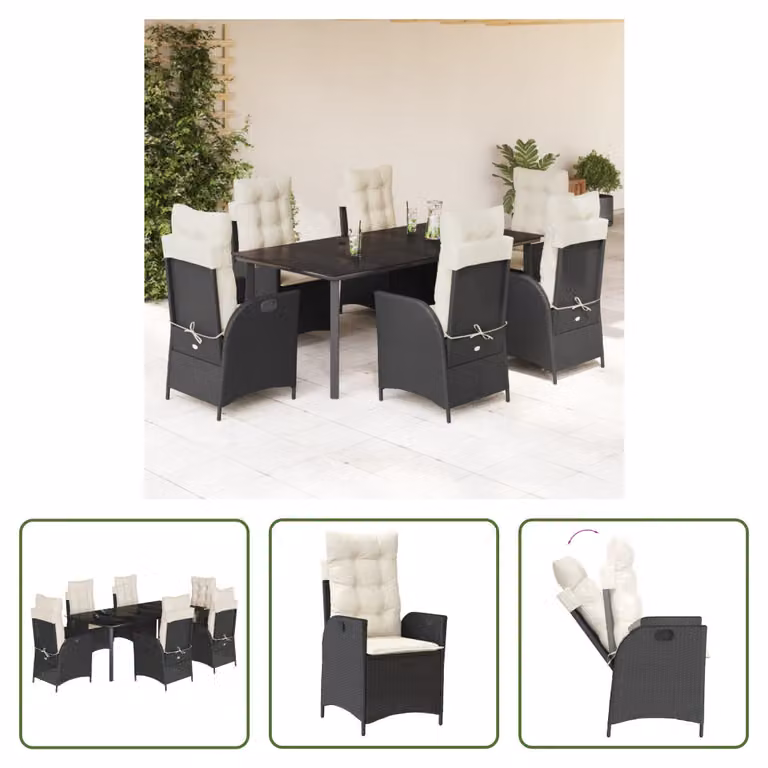 The Living Store Set da pranzo da giardino 7 pezzi con cuscini in polirattan nero