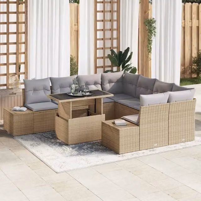 Set Divano da Giardino vidaXL a Forma a U in Polyrattan con Tavolino e 9 Sedute, Colore Beige e Grigio