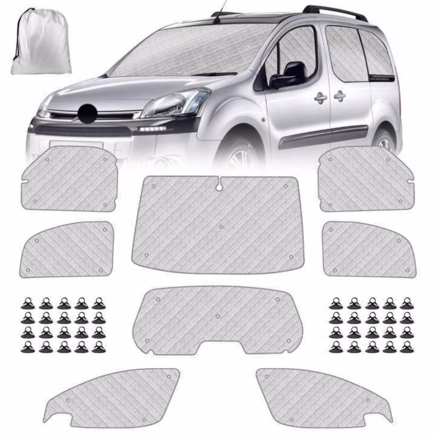 Set di 3 parasole per auto, progettato per parabrezza, compatibile con Citroen Berlingo e Peugeot Partner dal 2008 al 2018
