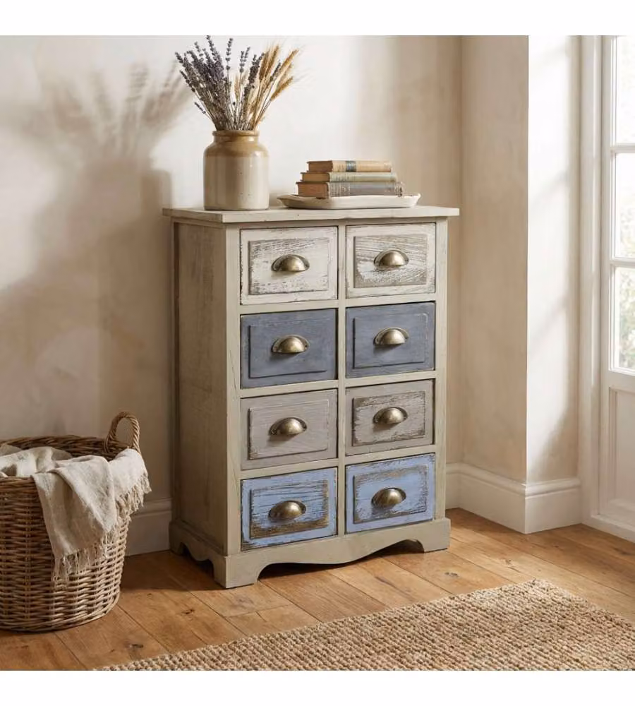 Mobiletto Cosma in legno con 8 cassetti stile shabby chic, turchese e grigio, L: 53 cm, P: 29 cm, H: 73 cm – 1