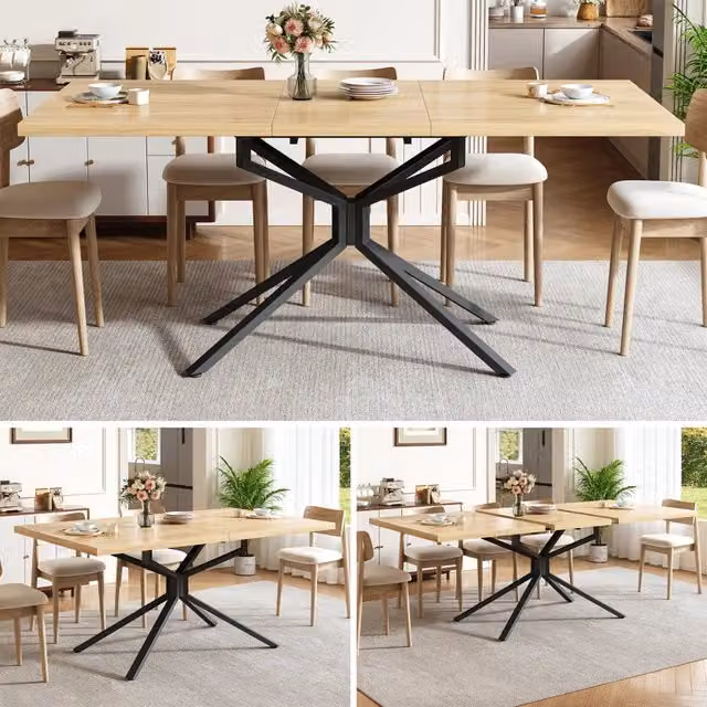 Tavolo da pranzo allungabile 120/160x90 cm, piano in MDF rovere chiaro, base metallo nera a stella, piedini regolabili, per 4-6 persone