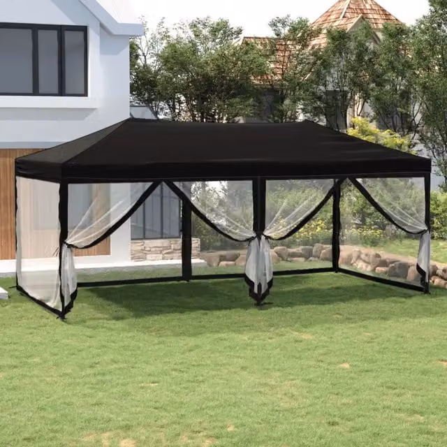 Tenda per feste pieghevole con pareti laterali vidaXL in poliestere e acciaio, colore nero, L/P/H: 6 x 3 x 2,44 m