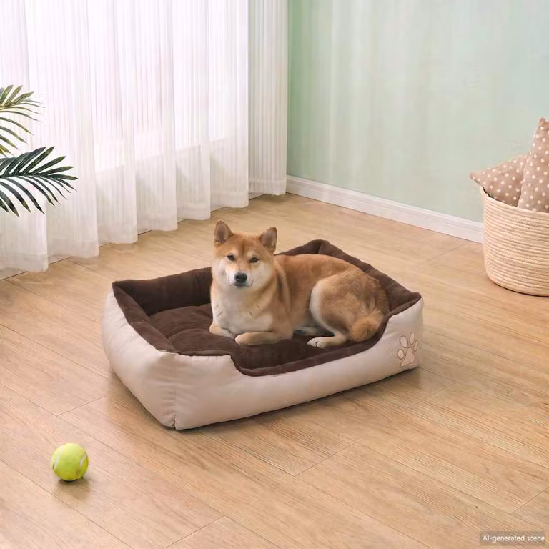 Letto riscaldato per cani vidaXL con cuscino imbottito, beige e marrone, forma rettangolare con bordi rialzati e base antiscivolo