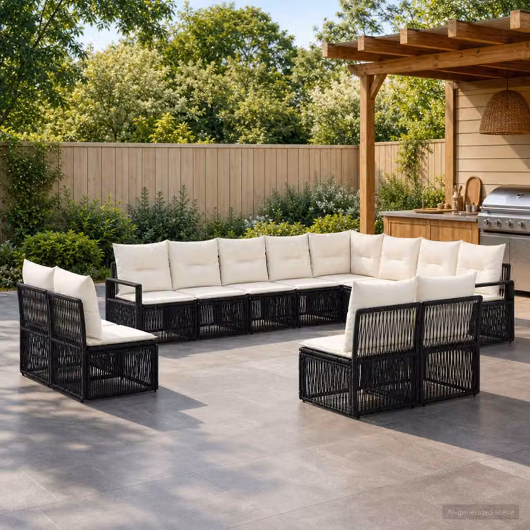 Set Divano da Giardino L-Shape vidaXL Nero con Cuscini e Struttura in Metallo