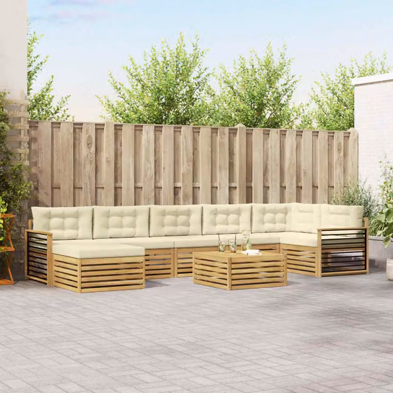 Set di divani da esterno vidaXL a forma di L in legno di acacia con tavolino e pouf, Bianco e Beige
