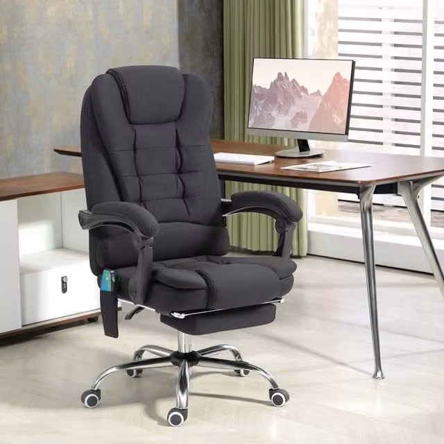 Sedia da ufficio massaggiante ergonomica con funzione relax e riscaldamento, reclinabile, poggiapiedi, tessuto nero