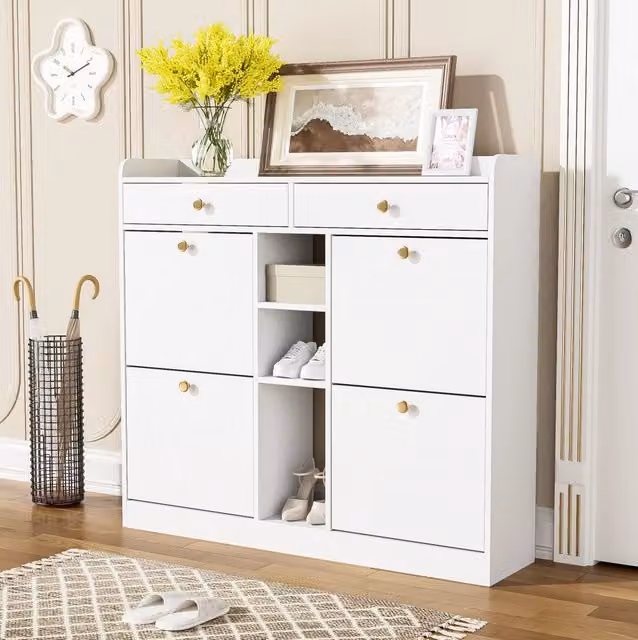 Scarpiera moderna in MDF bianco con 4 ante a ribalta, 2 cassetti e 3 vani aperti, L/P/H: 110 x 26 x 100 cm