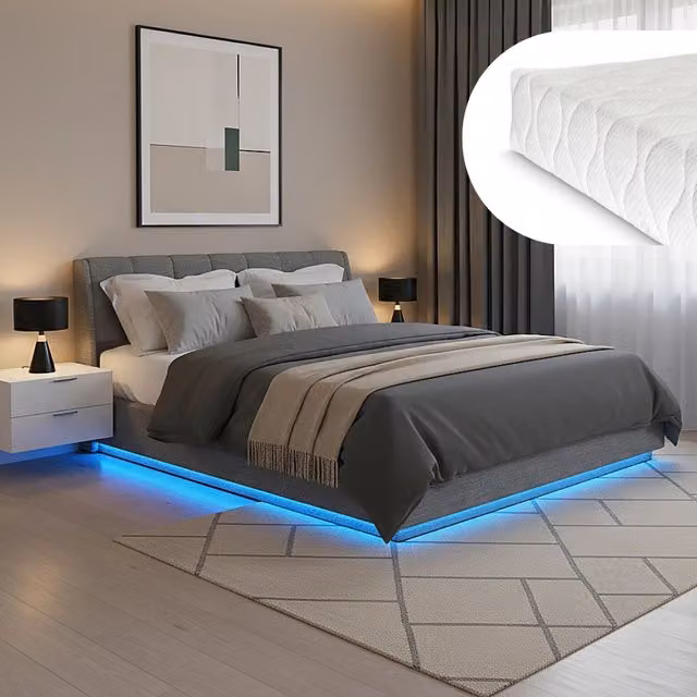 Letto Matrimoniale King Size Contenitore Tröstiar a Luce LED con Materasso 180x200 cm - Effetto Lino Antracite [en.casa]