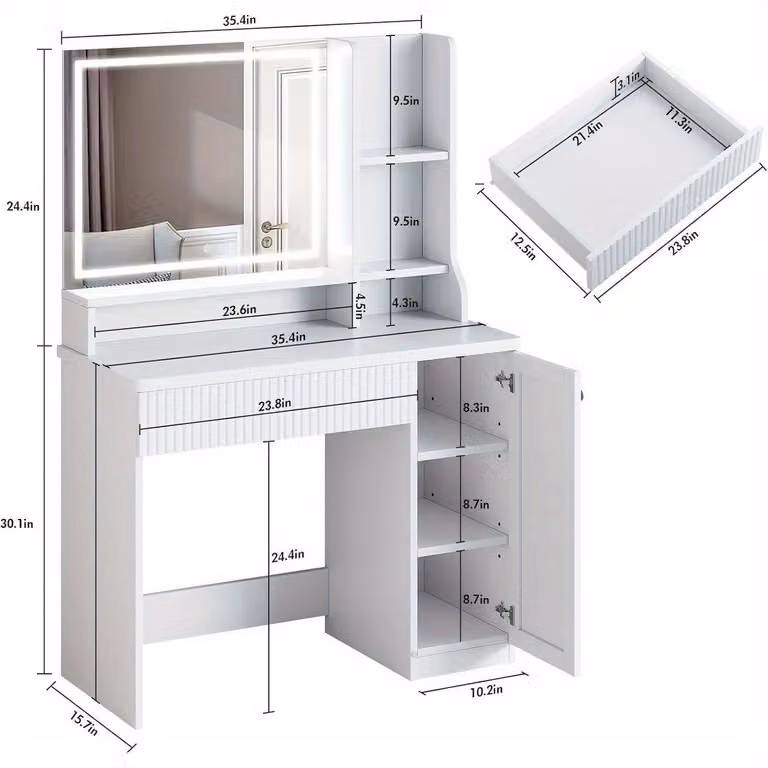 Tavolo da trucco - Scrivania da trucco - Comodino da trucco - Tavolo per la bellezza - Tavolo per il trucco - Legno bianco e vetro - Larghezza 90 cm