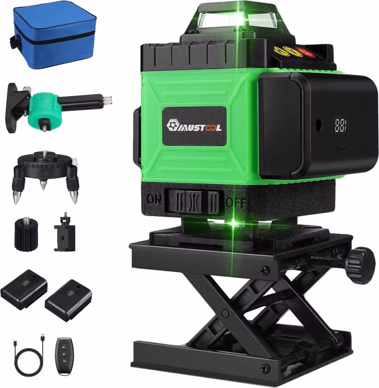 Livella laser 4D a 16 linee - Laser a linee incrociate autolivellante - Verticale e orizzontale - IP54 - Batteria da 4000 mAh - Touchscreen - Verde per interni/esterni - Spina UE