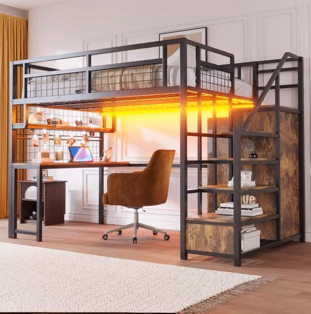 Letto a soppalco in metallo 140x200 cm nero con scala contenitore, scrivania e prese