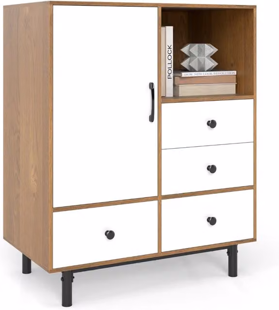 Mobile contenitore moderno met¨¤ secolo con 4 cassetti e scomparto aperto, Buffet sideboard in metallo robuste per soggiorno Bianco