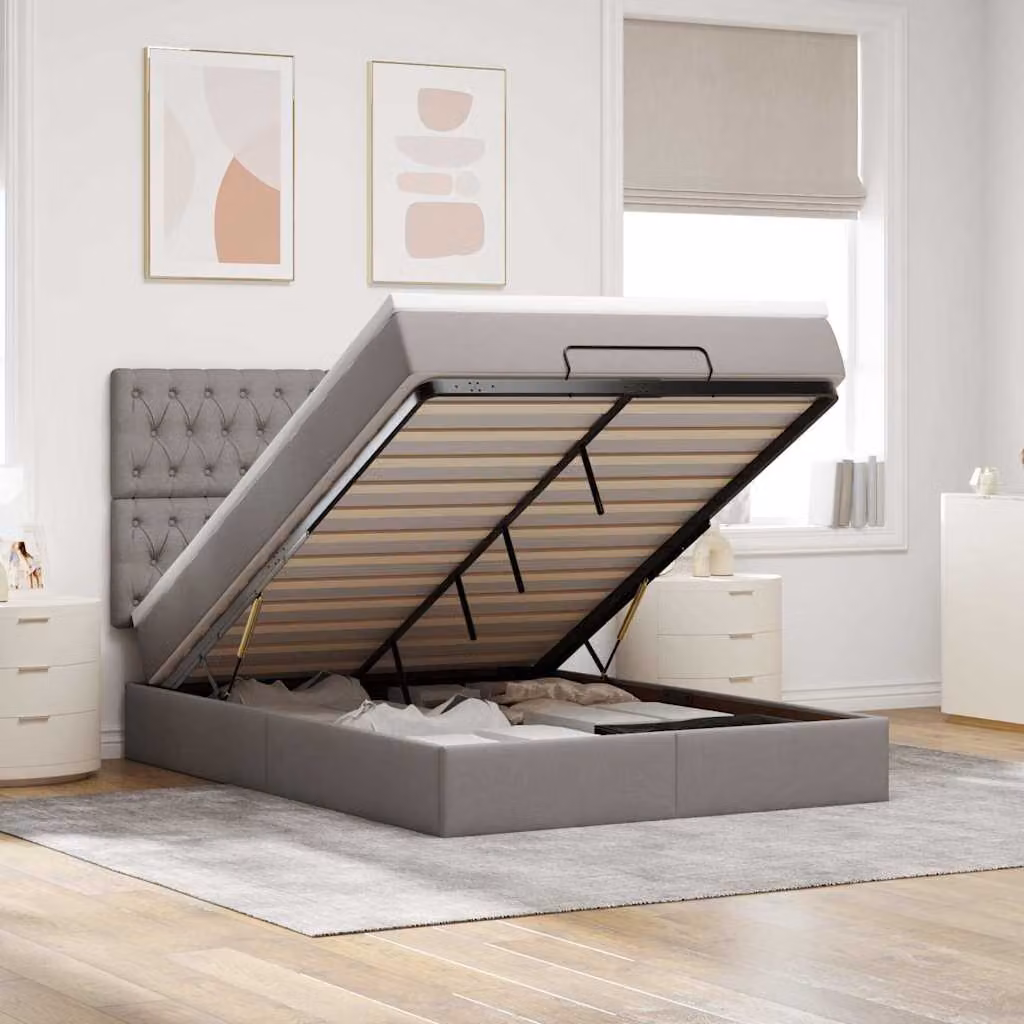 Letto con contenitore e materasso vidaXL in tessuto, con base a sollevamento, illuminazione sottostante e porta USB, L/P/H: 144 x 193 x 280 cm