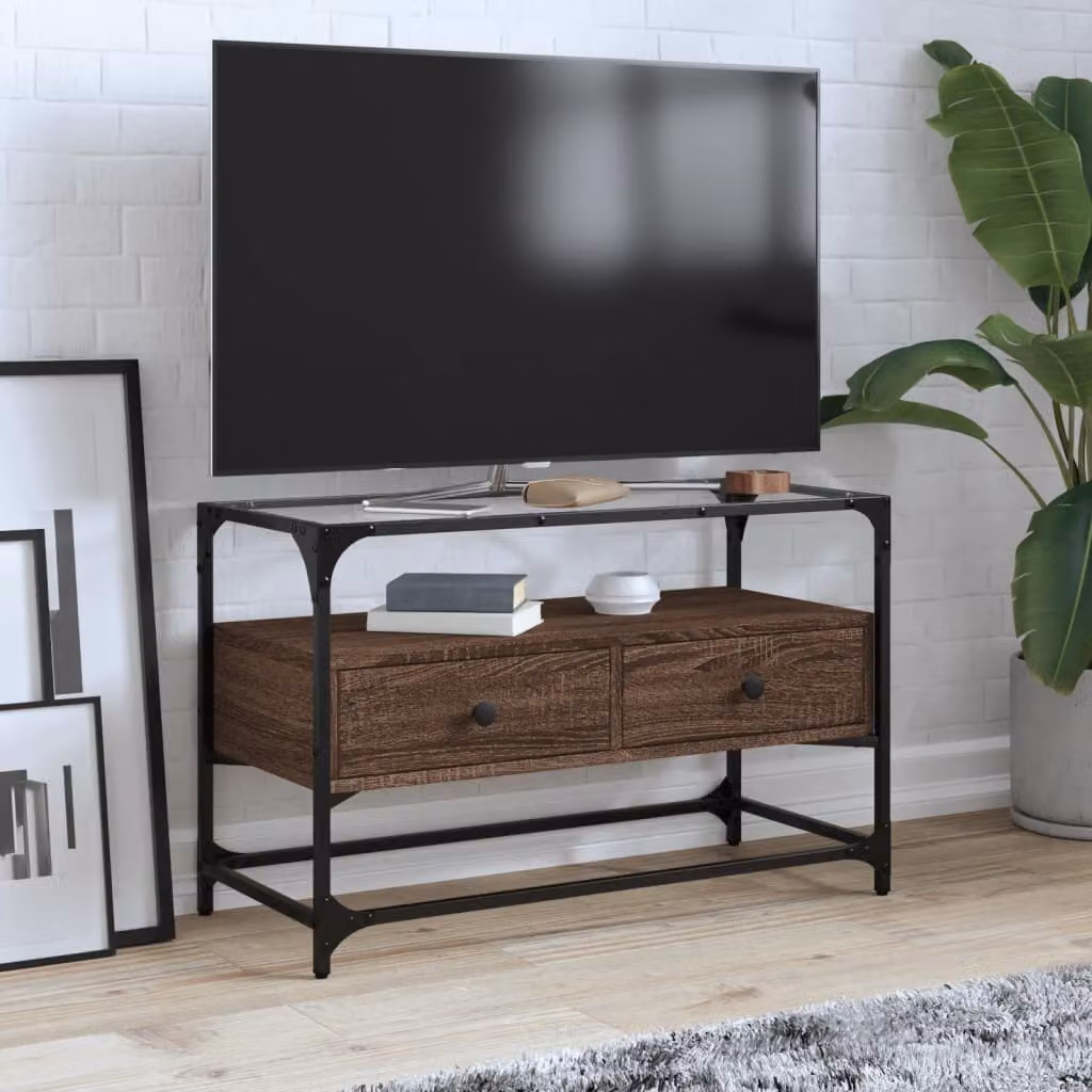 Mobile TV vidaXL in stile industriale con piano in vetro e legno rovere marrone, L 80 cm x P 35 cm x H 51 cm