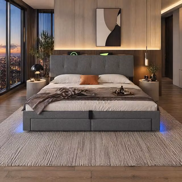 Letto con contenitore Mivray con cassetti laterali, testiera imbottita in lino grigio, illuminazione LED e porte USB Type-C, L/P: 180 x 200 cm