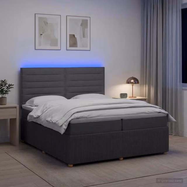Letto Box Spring vidaXL con Materasso Ibrido e Illuminazione LED, Colore Grigio e Bianco, L/P: 200 x 200 cm
