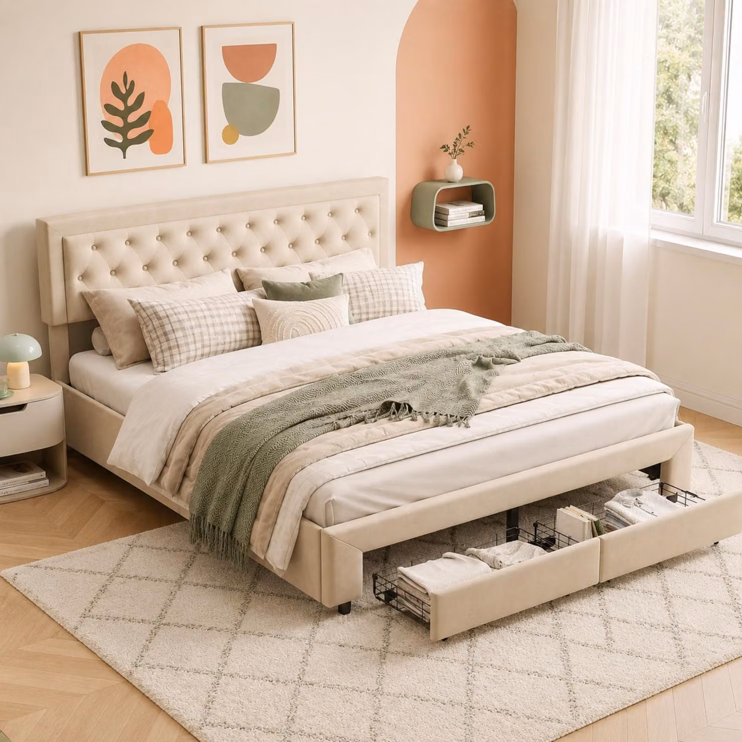 Letto con rete a molle INONEFT, 160x200 cm, con 2 cassetti, letto imbottito con sistema idraulico per lo spazio contenitivo, letto matrimoniale con contenitore e rete a doghe, color beige