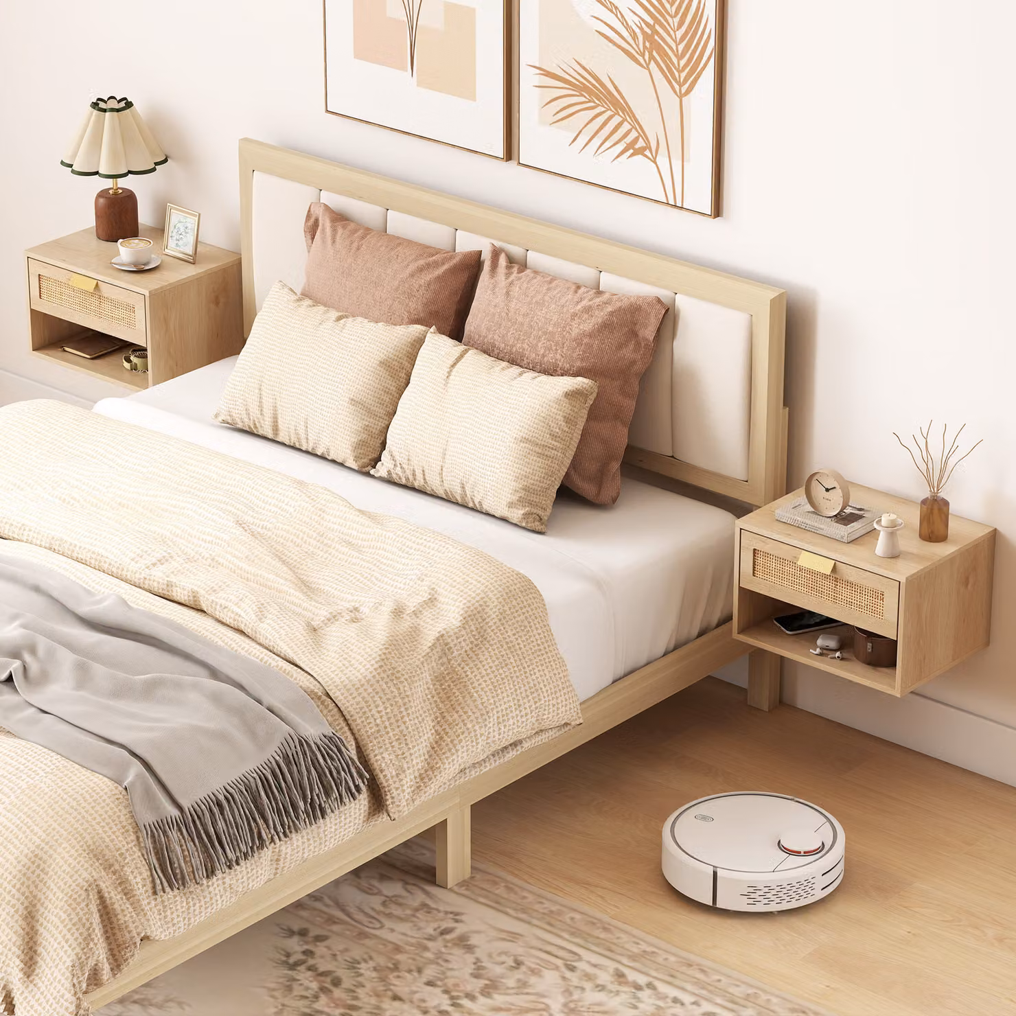 Set di 2 Comodini Sospesi HOMCOM in Rattan e Legno Rovere con Cassetto e Ripiano Aperto, L 40 cm x P 30 cm x H 25 cm – 2
