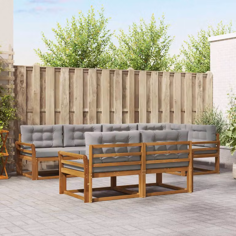 vidaXL Set di divani da esterno a forma di U in legno di acacia con cuscini, 8 pezzi, Marrone e Grigio Chiaro