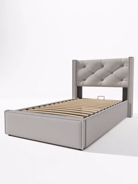 Letto contenitore singolo con testiera imbottita e rete sollevabile, materasso incluso, grigio, L/P/H: 90 x 200 x 45 cm