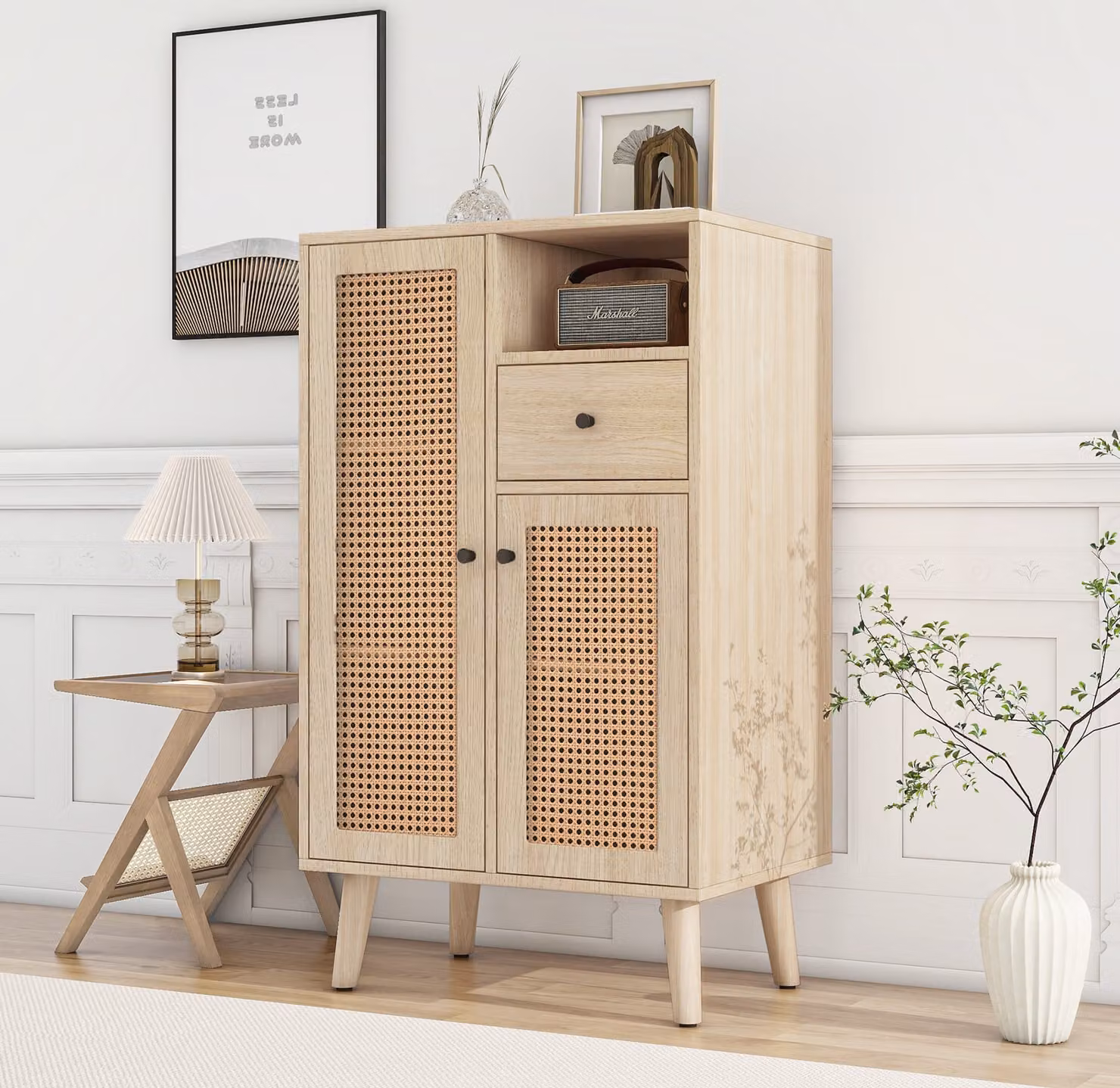 Cassettiera Merax con 2 ante in vimini rattan e cassetto, credenza in legno, credenza in piedi, 60x40x101cm, quercia