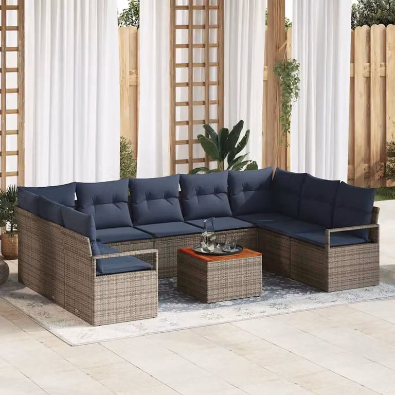 Set Divano da Giardino vidaXL 10 Pezzi a Forma di L Grigio con Cuscini e Tavolino da Caffè in Polyrattan e Acciaio