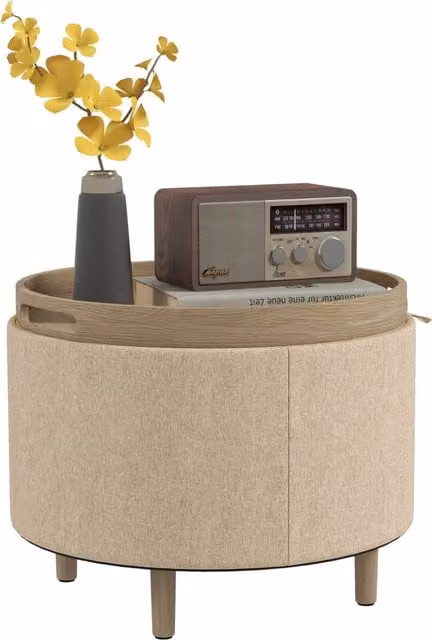 Pouf contenitore rotondo Xylo in legno e tessuto bouclé beige con piano reversibile L: 42 cm, P: 42 cm, H: 56 cm