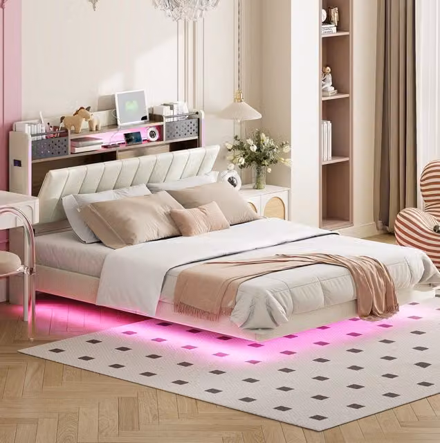 Letto imbottito beige 140x200 cm con illuminazione LED, presa USB e testiera contenitore, letto sospeso in lino
