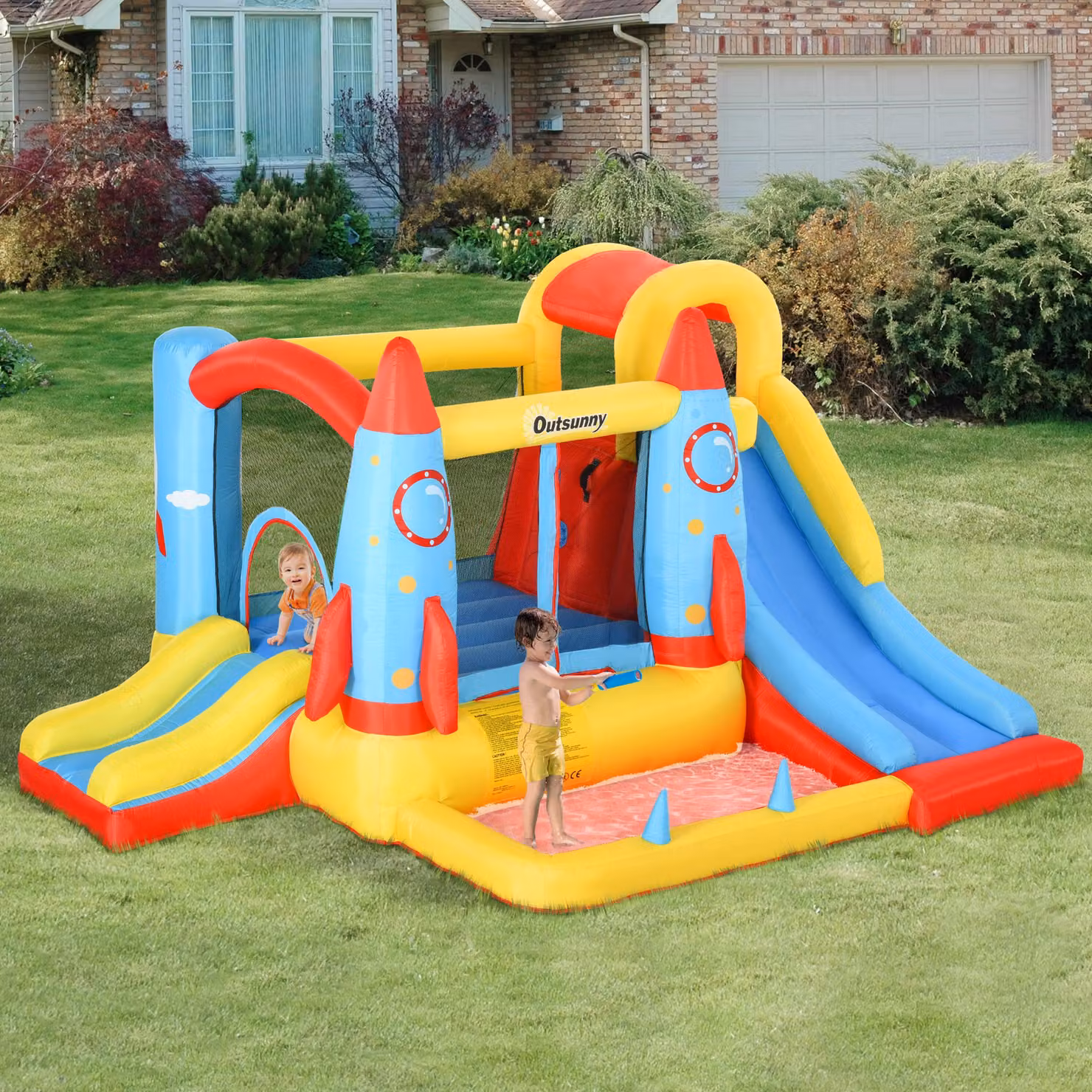 Castello Gonfiabile Outsunny con 2 Scivoli, Trampolino e Piscina per Bambini, Multicolore, L: 330 cm, P: 265 cm, H: 185 cm – 2
