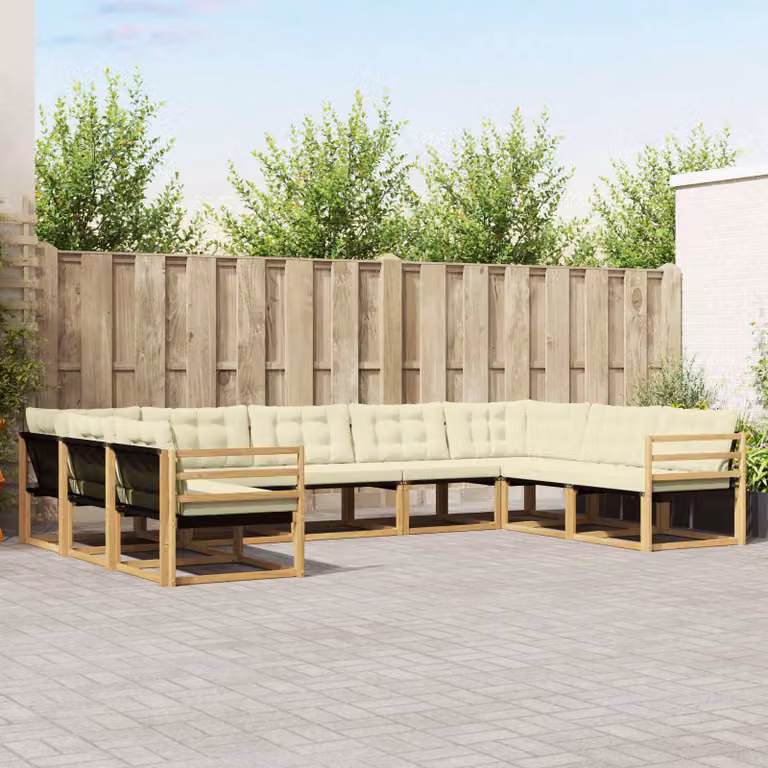 Set di divani da esterno vidaXL a forma di U composto da 9 pezzi in legno di acacia con cuscini bianchi e beige